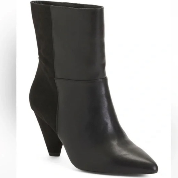 Black Faux Suede Pointed Toe Ankle Booties with Heel | Lime  NIB Eloquii Kase Mixed Media Faux Leather/Faux Suede Booties Black